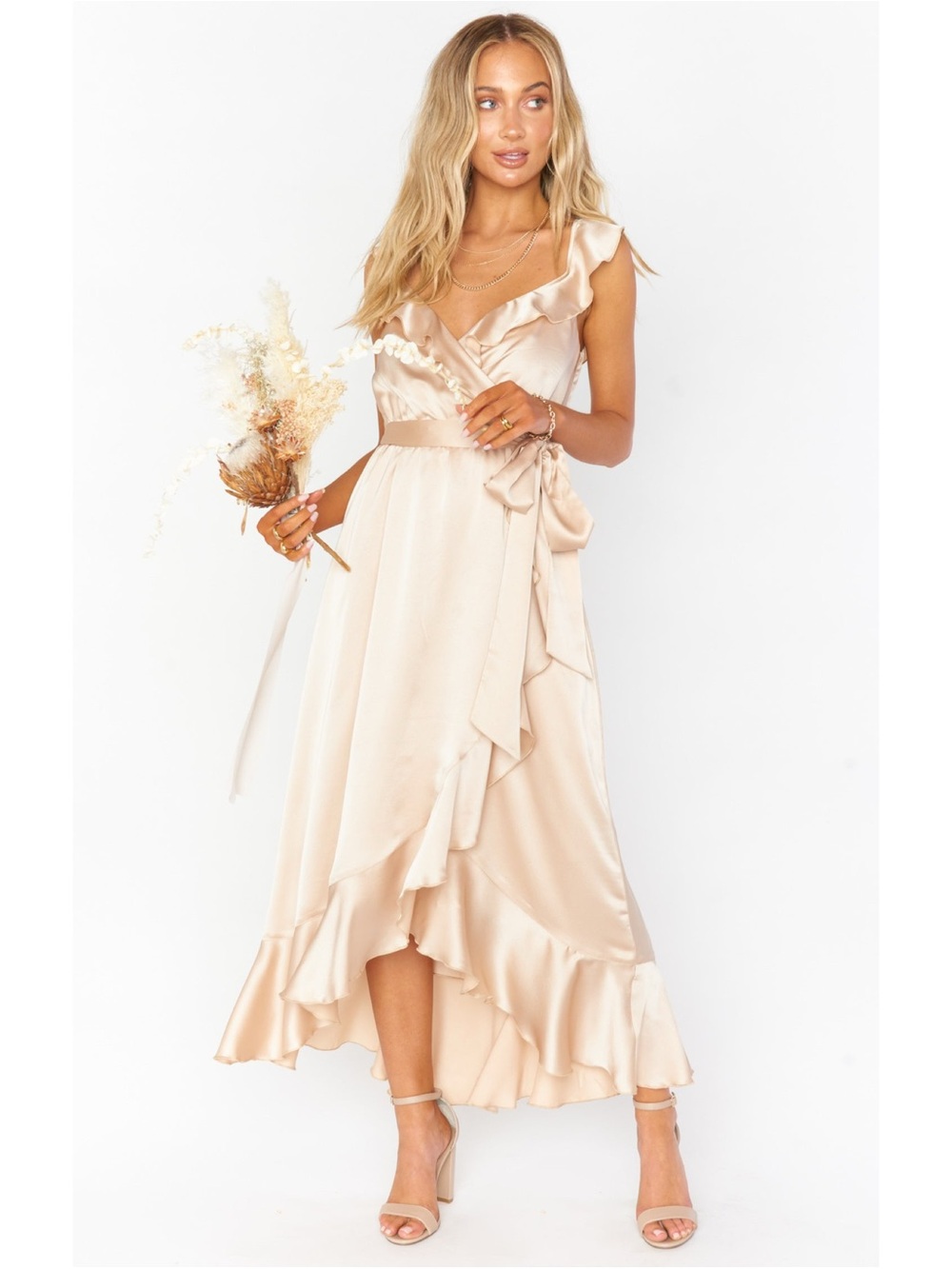 Show Me Your Mumu “Samantha” champagne ruffle wrap midi dress (large)